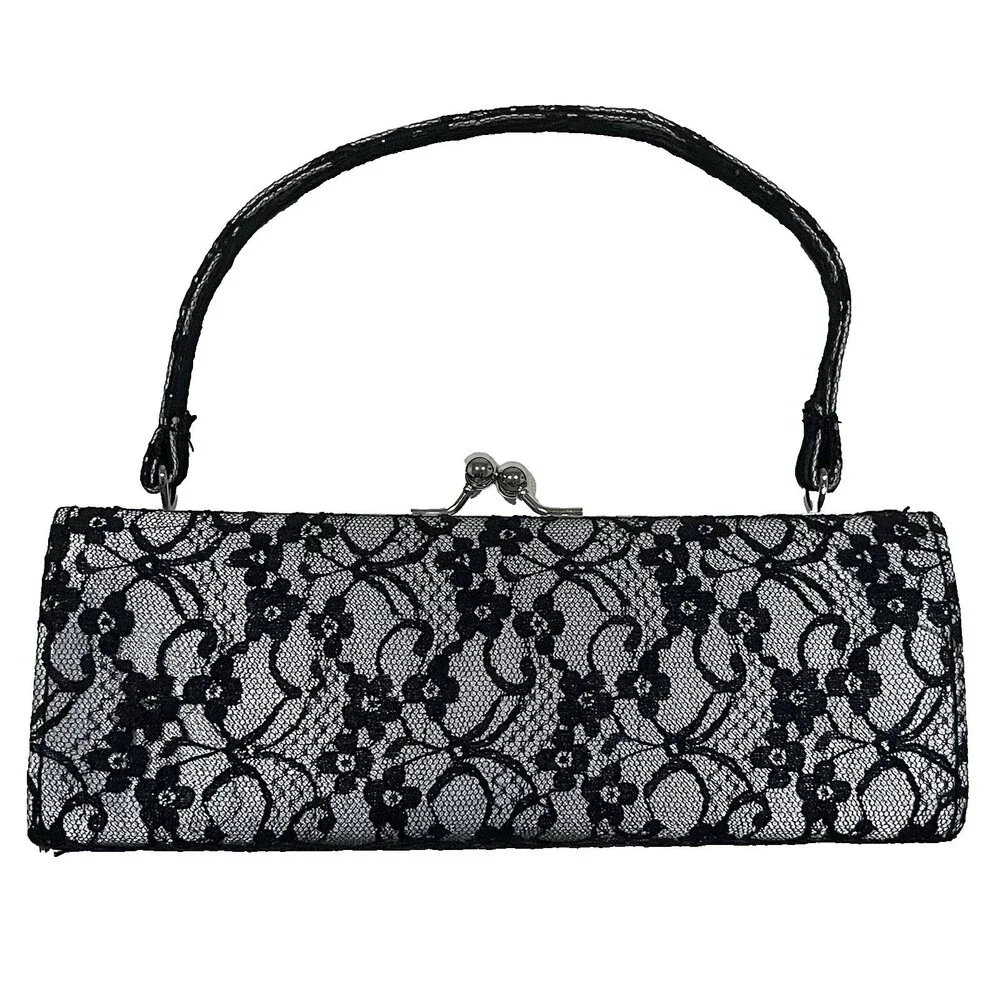 Elegant Vintage-style Black Lace Silver Clutch Purse Handbag 8.5 In Wedding Prom